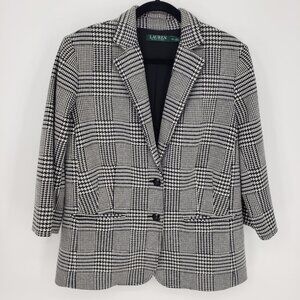 Ralph Lauren Houndstooth Plaid Blazer Jacket 14W Womens 3/4 Sleeves Black White